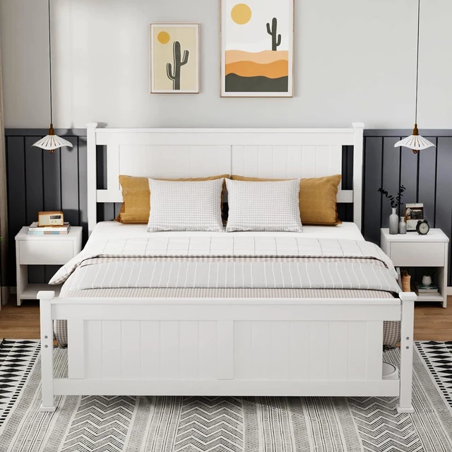Main image of Full Size Solid Wood Platform Bed Frame, Panel Bed with Headboard, No Box Spring Needed Bed Base, Wood Slat Support Mattress Foundation, White