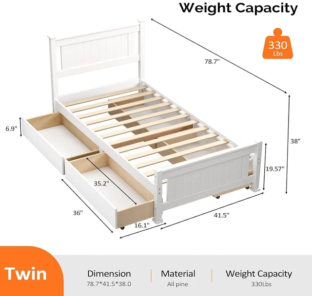 Alt view image 2 of 7 - Twin Size Solid Wood Platform Bed Frame with 4 Storage Drawers, Single Bed with Headboard, No Box Spring Needed Panel Bed, Wood Slat Support Mattress Foundation, White