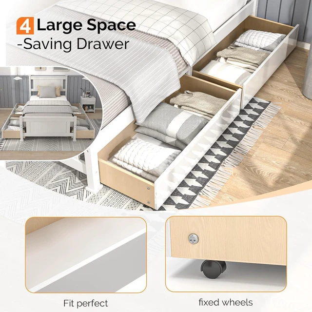 Alt view image 3 of 7 - Twin Size Solid Wood Platform Bed Frame with 4 Storage Drawers, Single Bed with Headboard, No Box Spring Needed Panel Bed, Wood Slat Support Mattress Foundation, White