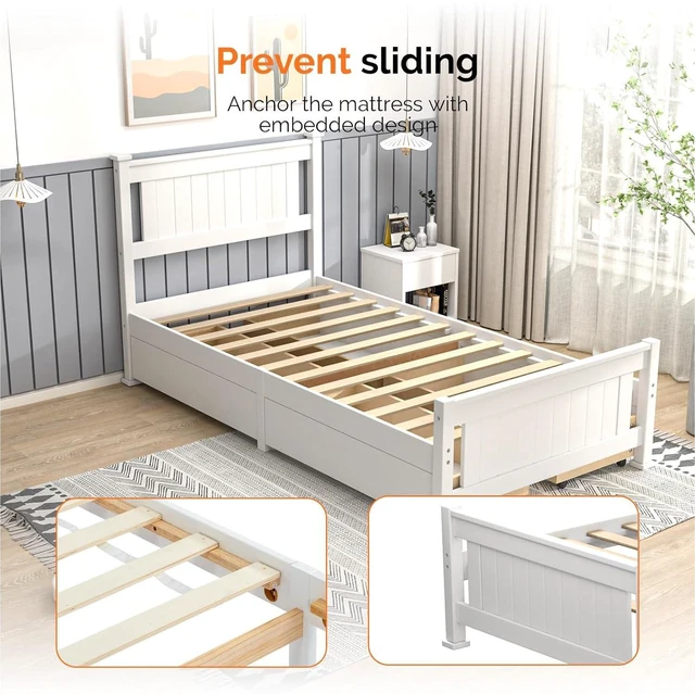 Alt view image 4 of 7 - Twin Size Solid Wood Platform Bed Frame with 4 Storage Drawers, Single Bed with Headboard, No Box Spring Needed Panel Bed, Wood Slat Support Mattress Foundation, White