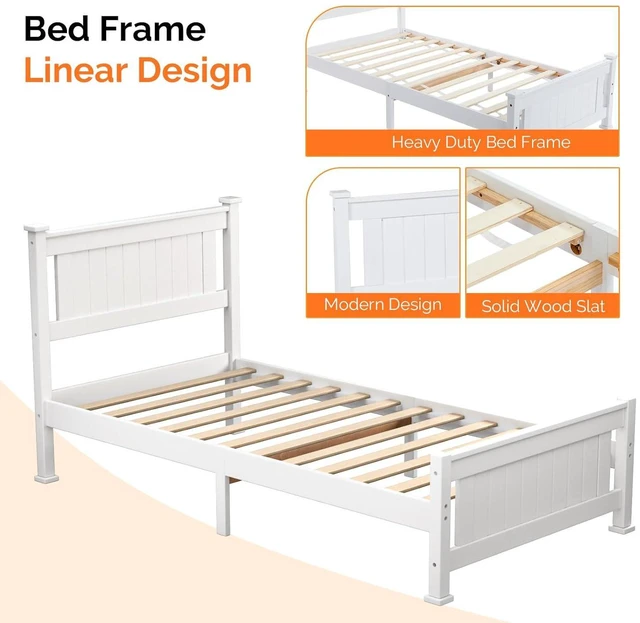 Alt view image 6 of 7 - Twin Size Solid Wood Platform Bed Frame with 4 Storage Drawers, Single Bed with Headboard, No Box Spring Needed Panel Bed, Wood Slat Support Mattress Foundation, White