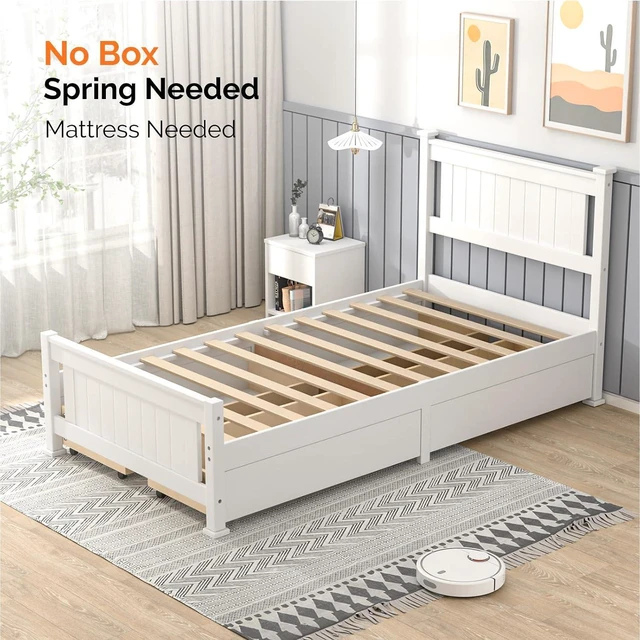 Alt view image 5 of 7 - Twin Size Solid Wood Platform Bed Frame with 4 Storage Drawers, Single Bed with Headboard, No Box Spring Needed Panel Bed, Wood Slat Support Mattress Foundation, White