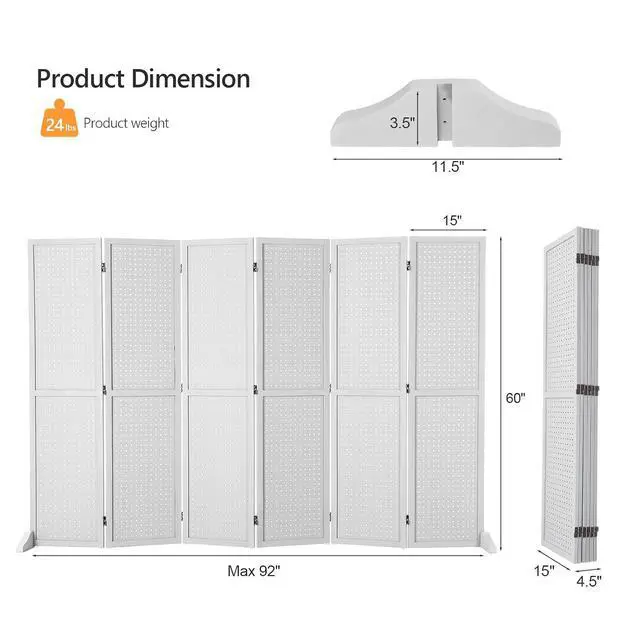 Alt view image 2 of 7 - 4/6 Panel Pegboard Freestanding, 5 FT Portable Display Board Organizer for Craft Show Jewelry, Wooden Folding Privacy Screen Room Divider (White, 6 Panel with Base)