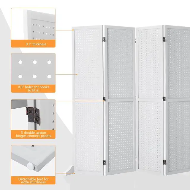 Alt view image 4 of 7 - 4/6 Panel Pegboard Freestanding, 5 FT Portable Display Board Organizer for Craft Show Jewelry, Wooden Folding Privacy Screen Room Divider (White, 6 Panel with Base)