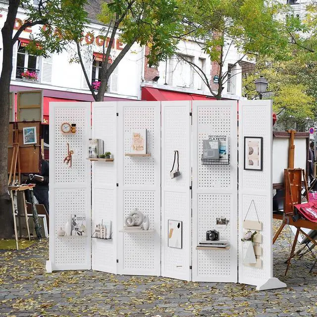 Alt view image 6 of 7 - 4/6 Panel Pegboard Freestanding, 5 FT Portable Display Board Organizer for Craft Show Jewelry, Wooden Folding Privacy Screen Room Divider (White, 6 Panel with Base)