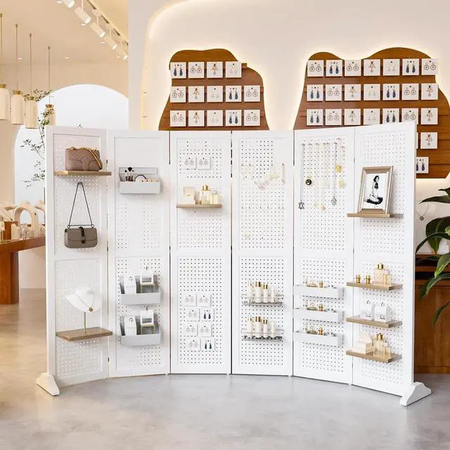 Alt view image 7 of 7 - 4/6 Panel Pegboard Freestanding, 5 FT Portable Display Board Organizer for Craft Show Jewelry, Wooden Folding Privacy Screen Room Divider (White, 6 Panel with Base)