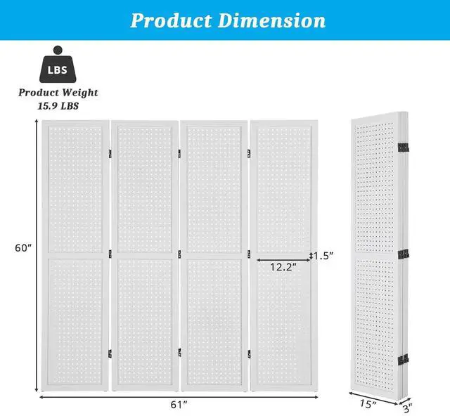 Alt view image 2 of 7 - 4 Panel Pegboard Freestanding, 5 FT Portable Display Board Organizer for Craft Show Jewelry, Wooden Folding Privacy Screen Room Divider (Without Base, White)