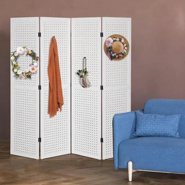 Alt view image 7 of 7 - 4 Panel Pegboard Freestanding, 5 FT Portable Display Board Organizer for Craft Show Jewelry, Wooden Folding Privacy Screen Room Divider (Without Base, White)