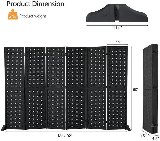 Alt view image 2 of 7 - 4/6 Panel Pegboard Freestanding, 5 FT Portable Display Board Organizer for Craft Show Jewelry, Wooden Folding Privacy Screen Room Divider (Black, 6 Panel with Base)