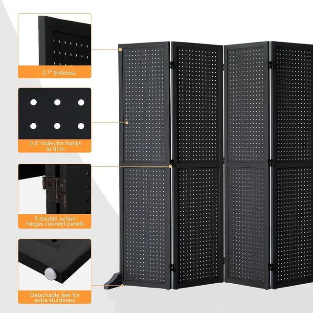 Alt view image 4 of 7 - 4/6 Panel Pegboard Freestanding, 5 FT Portable Display Board Organizer for Craft Show Jewelry, Wooden Folding Privacy Screen Room Divider (Black, 6 Panel with Base)