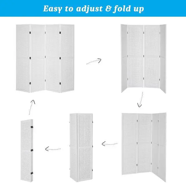Alt view image 3 of 7 - 4 Panel Pegboard Freestanding, 5 FT Portable Display Board Organizer for Craft Show Jewelry, Wooden Folding Privacy Screen Room Divider (with Base, White)