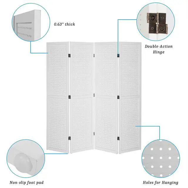 Alt view image 4 of 7 - 4 Panel Pegboard Freestanding, 5 FT Portable Display Board Organizer for Craft Show Jewelry, Wooden Folding Privacy Screen Room Divider (with Base, White)