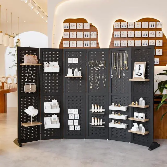 Alt view image 7 of 7 - 4/6 Panel Pegboard Freestanding, 5 FT Portable Display Board Organizer for Craft Show Jewelry, Wooden Folding Privacy Screen Room Divider (Black, 6 Panel with Base)
