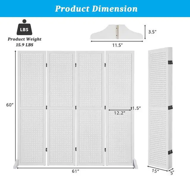 Alt view image 2 of 7 - 4 Panel Pegboard Freestanding, 5 FT Portable Display Board Organizer for Craft Show Jewelry, Wooden Folding Privacy Screen Room Divider (with Base, White)