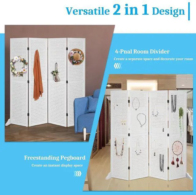 Alt view image 6 of 7 - 4 Panel Pegboard Freestanding, 5 FT Portable Display Board Organizer for Craft Show Jewelry, Wooden Folding Privacy Screen Room Divider (with Base, White)