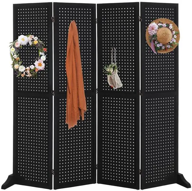 Main image of 4 Panel Pegboard Freestanding, 5 FT Portable Display Board Organizer for Craft Show Jewelry, Wooden Folding Privacy Screen Room Divider (with Base, Black)