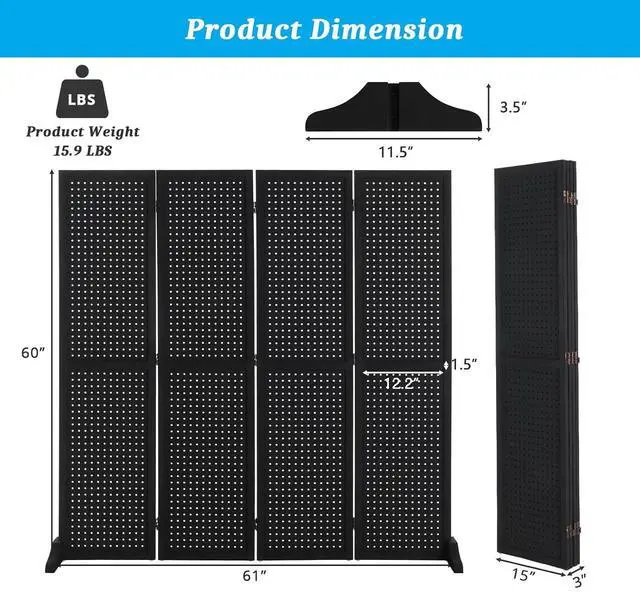 Alt view image 2 of 7 - 4 Panel Pegboard Freestanding, 5 FT Portable Display Board Organizer for Craft Show Jewelry, Wooden Folding Privacy Screen Room Divider (with Base, Black)