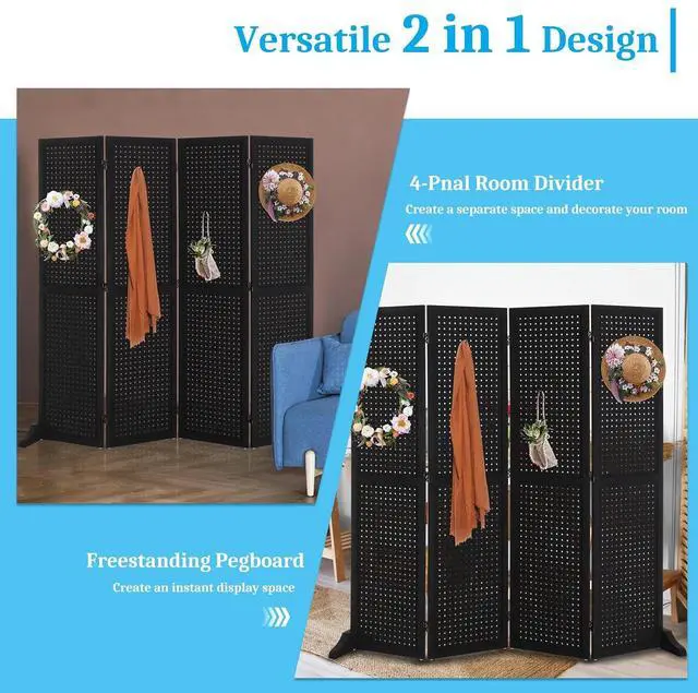 Alt view image 6 of 7 - 4 Panel Pegboard Freestanding, 5 FT Portable Display Board Organizer for Craft Show Jewelry, Wooden Folding Privacy Screen Room Divider (with Base, Black)