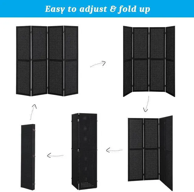 Alt view image 3 of 7 - 4 Panel Pegboard Freestanding, 5 FT Portable Display Board Organizer for Craft Show Jewelry, Wooden Folding Privacy Screen Room Divider (with Base, Black)