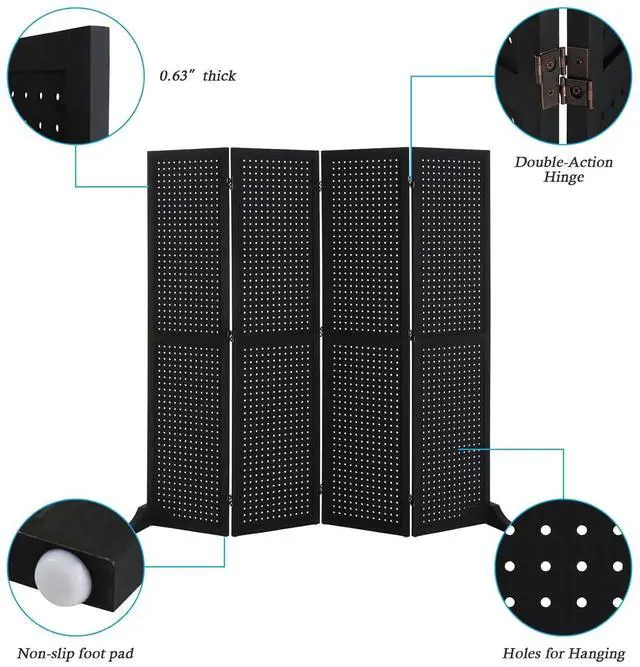 Alt view image 4 of 7 - 4 Panel Pegboard Freestanding, 5 FT Portable Display Board Organizer for Craft Show Jewelry, Wooden Folding Privacy Screen Room Divider (with Base, Black)