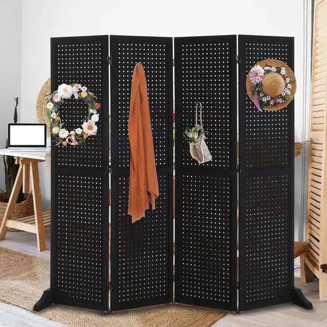 Alt view image 7 of 7 - 4 Panel Pegboard Freestanding, 5 FT Portable Display Board Organizer for Craft Show Jewelry, Wooden Folding Privacy Screen Room Divider (with Base, Black)