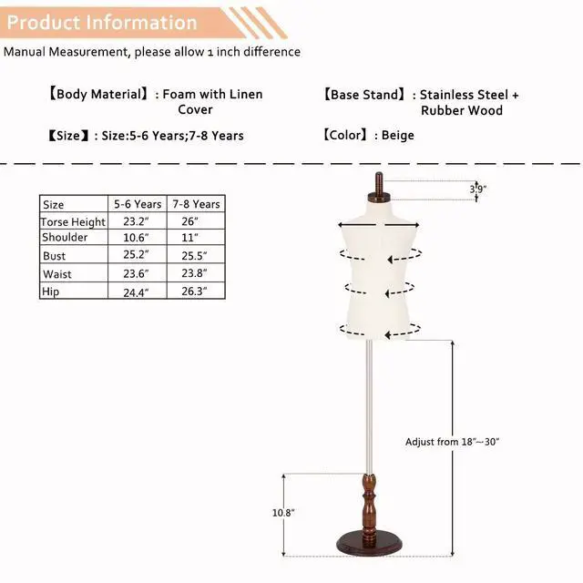 Alt view image 6 of 7 - Upgraded Kid Dress Form, 5-6 Years Old, 7-8 Years Old, Toddler Mannequin Torse with Adjustable Rubber Wood Stand for Dress Jewelry Display (7-8 Years Old)