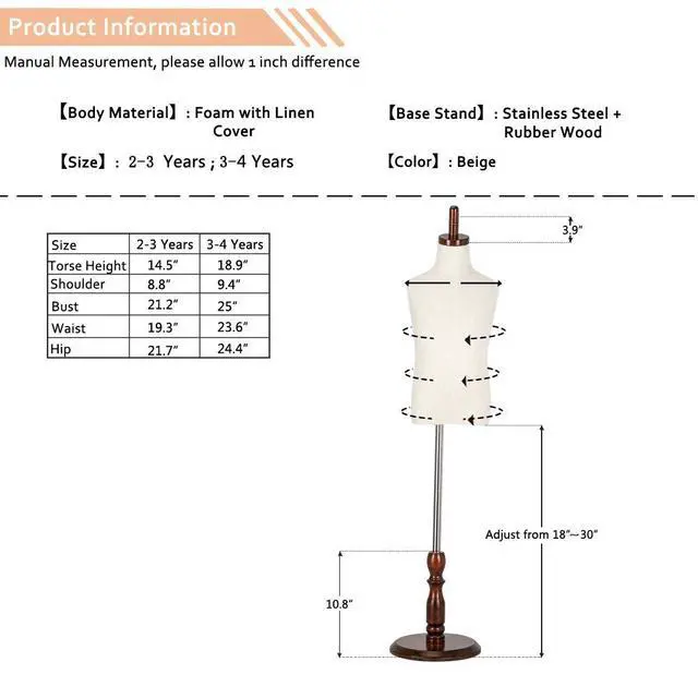 Alt view image 6 of 7 - Upgraded Kid Dress Form, 2-3 Years Old, 3-4 Years Old, Toddler Mannequin Torse with Adjustable Rubber Wood Stand for Dress Jewelry Display (3-4 Years Old)
