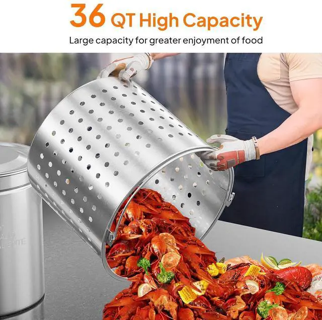 Alt view image 2 of 7 - 36QT Turkey Fryer Pot with Steamer Basket, Lid & Lifting Hook, Stainless Steel Seafood Boil-Pot for Lobster, Crab & Shrimp, Heavy-Duty Deep Stockpot for Outdoor Boiling, Cooking & Frying