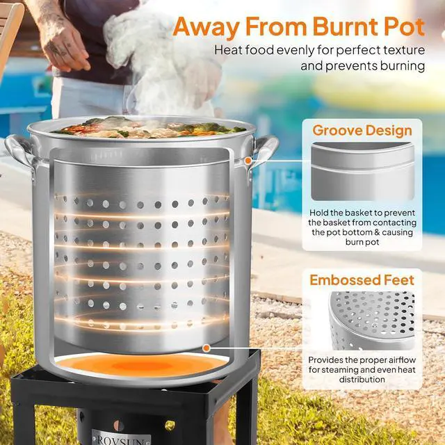 Alt view image 4 of 7 - 36QT Turkey Fryer Pot with Steamer Basket, Lid & Lifting Hook, Stainless Steel Seafood Boil-Pot for Lobster, Crab & Shrimp, Heavy-Duty Deep Stockpot for Outdoor Boiling, Cooking & Frying