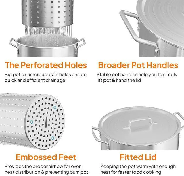 Alt view image 5 of 7 - 30QT Aluminum Stock Pot for Boiling Seafood, Crawfish & Crab, Frying Turkey & Steaming Tamales, Large Boil Pot with Strainer Basket, Lid, Lifting Hook & Steamer Rack for Outdoor Cooking