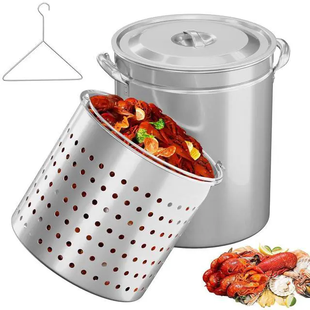 Main image of 62QT Stainless Steel Stock Pot for Boiling Seafood, Crawfish lobster & Crab, Frying Turkey & Steaming Tamales, Large Boil Pot with Steamer Basket, Lid, Lifting Hook for Outdoor Cooking Backyard