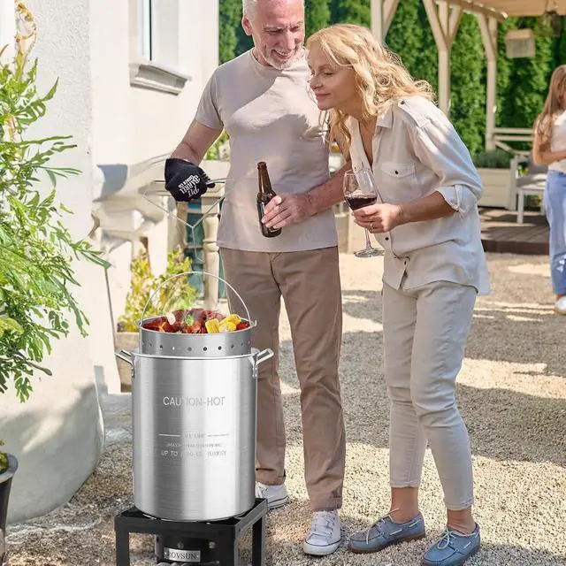Alt view image 7 of 7 - 30QT Aluminum Stock Pot for Boiling Seafood, Crawfish & Crab, Frying Turkey & Steaming Tamales, Large Boil Pot with Strainer Basket, Lid, Lifting Hook & Steamer Rack for Outdoor Cooking