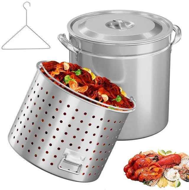 Main image of 102QT Stainless Steel Stock Pot for Boiling Seafood, Crawfish lobster & Crab, Frying Turkey & Steaming Tamales, Large Boil Pot with Steamer Basket, Lid, Lifting Hook for Outdoor Cooking Patio