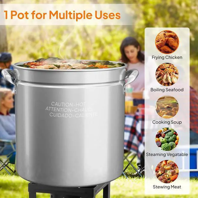 Alt view image 3 of 7 - 102QT Stainless Steel Stock Pot for Boiling Seafood, Crawfish lobster & Crab, Frying Turkey & Steaming Tamales, Large Boil Pot with Steamer Basket, Lid, Lifting Hook for Outdoor Cooking Patio