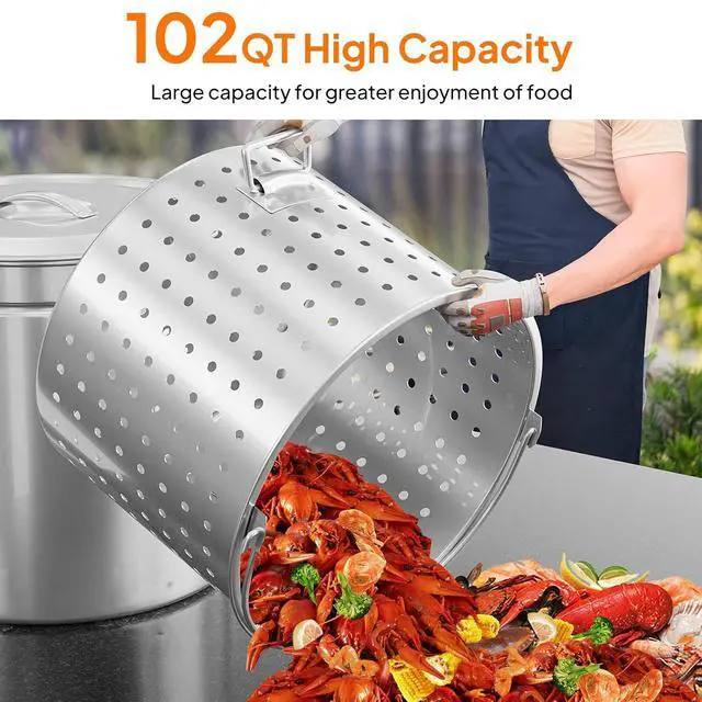 Alt view image 4 of 7 - 102QT Stainless Steel Stock Pot for Boiling Seafood, Crawfish lobster & Crab, Frying Turkey & Steaming Tamales, Large Boil Pot with Steamer Basket, Lid, Lifting Hook for Outdoor Cooking Patio