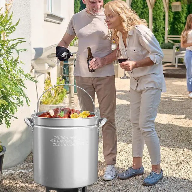 Alt view image 7 of 7 - 102QT Stainless Steel Stock Pot for Boiling Seafood, Crawfish lobster & Crab, Frying Turkey & Steaming Tamales, Large Boil Pot with Steamer Basket, Lid, Lifting Hook for Outdoor Cooking Patio