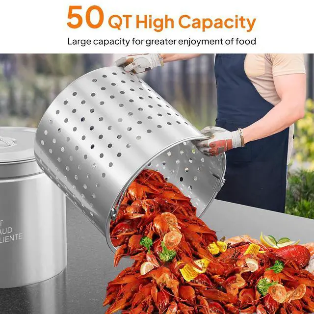 Alt view image 2 of 7 - 50QT Turkey Fryer Pot with Steamer Basket, Lid & Lifting Hook, Stainless Steel Seafood Boil-Pot for Lobster, Crab & Shrimp, Heavy-Duty Deep Stockpot for Outdoor Boiling, Cooking & Frying