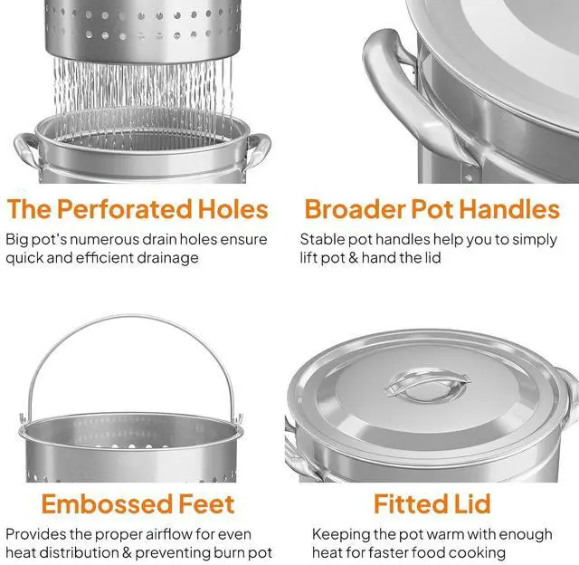 Alt view image 6 of 7 - 44QT Turkey Fryer Pot with Steamer Basket, Lid & Lifting Hook, Stainless Steel Seafood Boil-Pot for Lobster, Crab & Shrimp, Heavy-Duty Deep Stockpot for Outdoor Boiling, Cooking & Frying