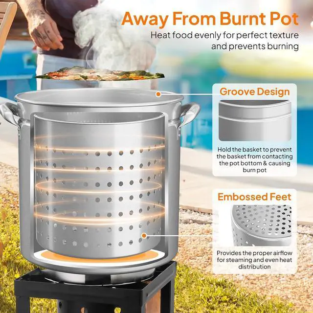 Alt view image 4 of 7 - 50QT Turkey Fryer Pot with Steamer Basket, Lid & Lifting Hook, Stainless Steel Seafood Boil-Pot for Lobster, Crab & Shrimp, Heavy-Duty Deep Stockpot for Outdoor Boiling, Cooking & Frying