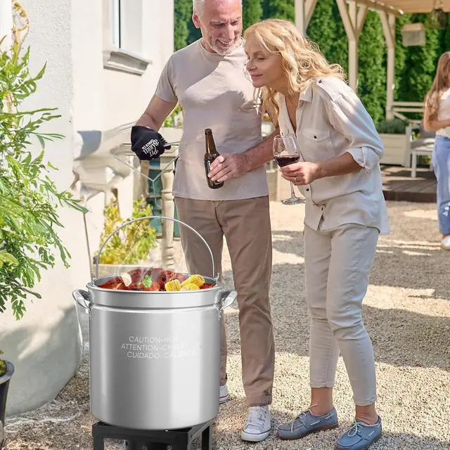 Alt view image 7 of 7 - 50QT Turkey Fryer Pot with Steamer Basket, Lid & Lifting Hook, Stainless Steel Seafood Boil-Pot for Lobster, Crab & Shrimp, Heavy-Duty Deep Stockpot for Outdoor Boiling, Cooking & Frying