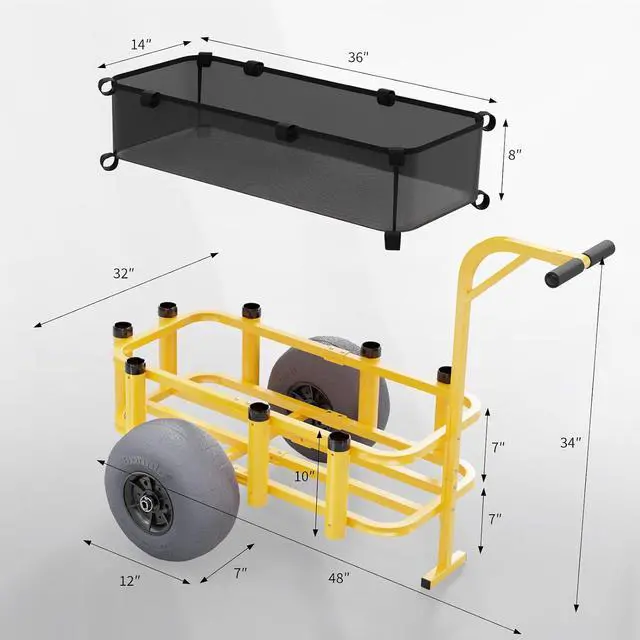 Alt view image 2 of 4 - Fishing Cart, Beach Wagon with 13" Big Wheels for Sand, Beach Cart, 300 lbs Load Capacity, 8 Fishing Rods Holders, Mesh Bag, Hand Pump