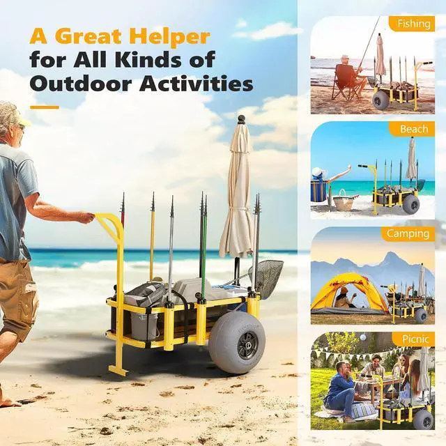 Alt view image 3 of 4 - Fishing Cart, Beach Wagon with 13" Big Wheels for Sand, Beach Cart, 300 lbs Load Capacity, 8 Fishing Rods Holders, Mesh Bag, Hand Pump