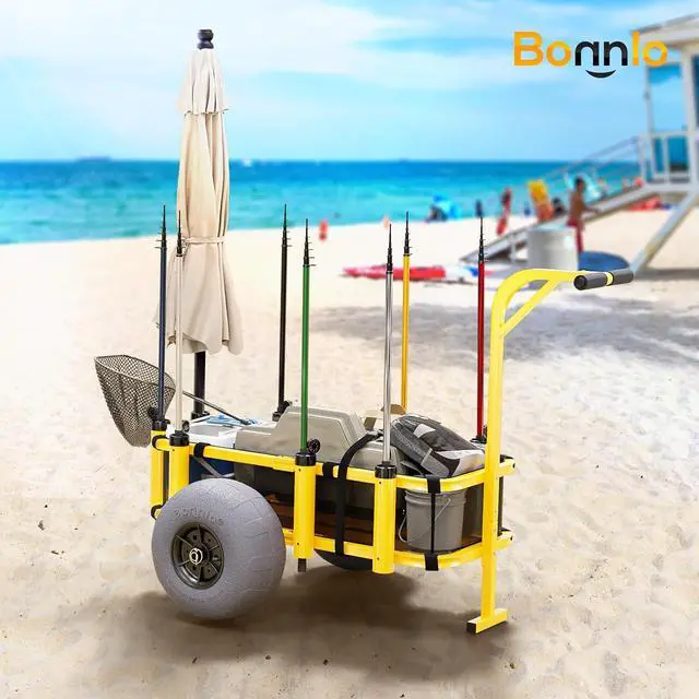 Alt view image 4 of 4 - Fishing Cart, Beach Wagon with 13" Big Wheels for Sand, Beach Cart, 300 lbs Load Capacity, 8 Fishing Rods Holders, Mesh Bag, Hand Pump