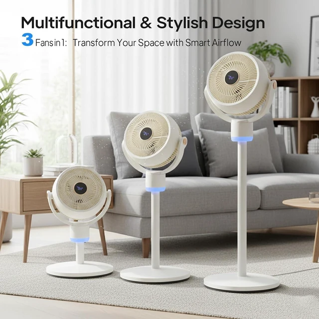 Alt view image 2 of 6 - 3-in-1 Standing Fan for Bedroom with Adjustable Height, Oscillating Fan with 120°+ 90° Omni-Directional Airflow, Pedestal & Tabletop Fan with 3 Speeds & 12H Timer for Home/Dorm/Office
