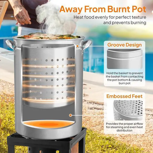 Alt view image 4 of 7 - 44QT Turkey Fryer Pot with Steamer Basket, Lid & Lifting Hook, Stainless Steel Seafood Boil-Pot for Lobster, Crab & Shrimp, Heavy-Duty Deep Stockpot for Outdoor Boiling, Cooking & Frying