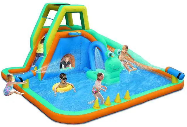Main image of Inflatable Water Slide, Frog Design 8-in-1 Kids Water Park, with Climbing Wall, Blower Included, Backyard Summer Toy for Ages 3-8, Blue & Green