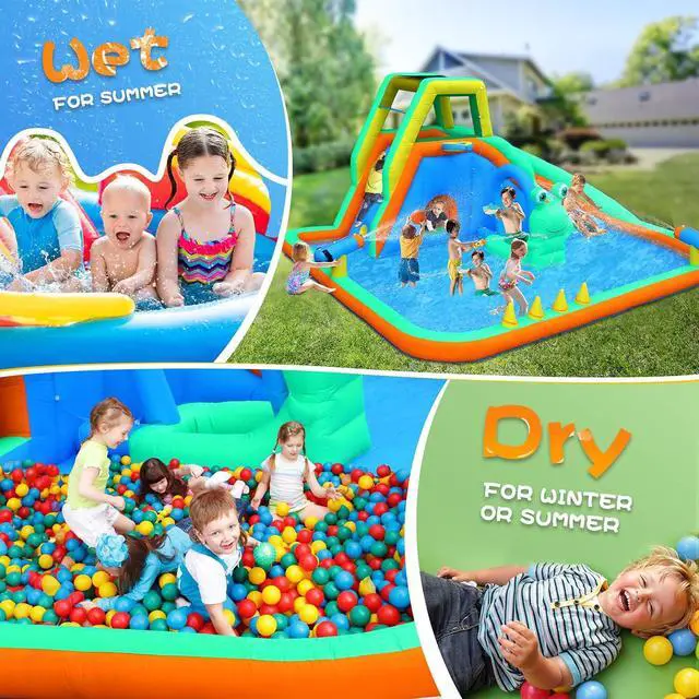 Alt view image 2 of 7 - Inflatable Water Slide, Frog Design 8-in-1 Kids Water Park, with Climbing Wall, Blower Included, Backyard Summer Toy for Ages 3-8, Blue & Green