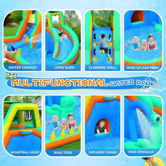 Alt view image 3 of 7 - Inflatable Water Slide, Frog Design 8-in-1 Kids Water Park, with Climbing Wall, Blower Included, Backyard Summer Toy for Ages 3-8, Blue & Green