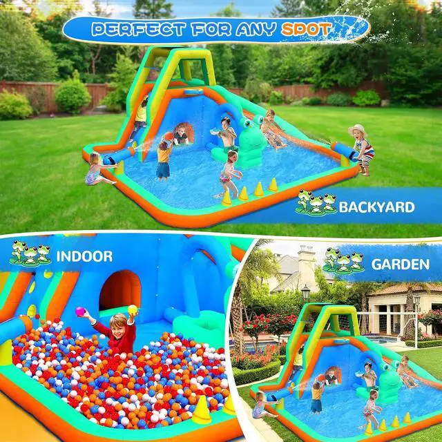 Alt view image 4 of 7 - Inflatable Water Slide, Frog Design 8-in-1 Kids Water Park, with Climbing Wall, Blower Included, Backyard Summer Toy for Ages 3-8, Blue & Green