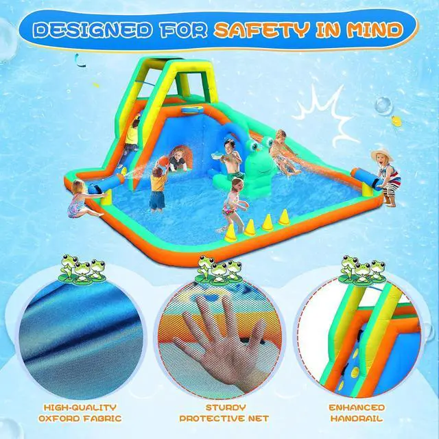 Alt view image 5 of 7 - Inflatable Water Slide, Frog Design 8-in-1 Kids Water Park, with Climbing Wall, Blower Included, Backyard Summer Toy for Ages 3-8, Blue & Green